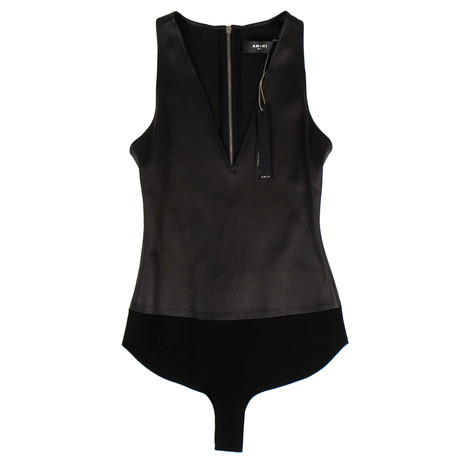 Amiri // Leather Deep V-Neck Bodysuit // Black (34)
