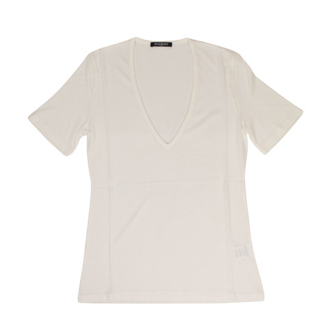 Balmain Paris // Short Sleeve Deep V Neck Knit T-Shirt // White (34)