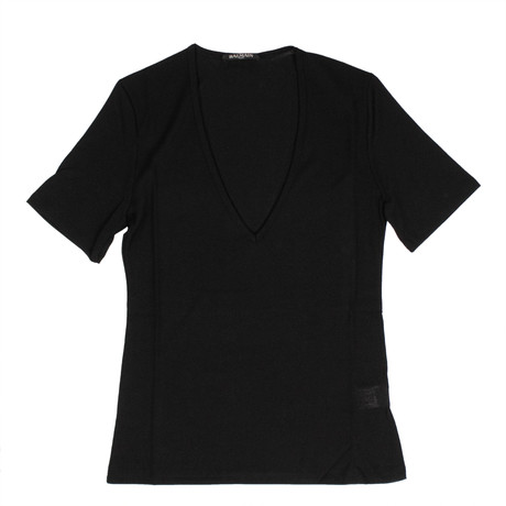 Balmain Paris // Short Sleeve Deep V-Neck Knit T-Shirt // Black (34)