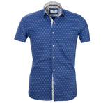 Short Sleeve Button Up // Blue + White Circles (M)