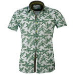 Short Sleeve Button Up Shirt // White + Green Palms (L)