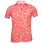 Short-Sleeve Button Up // Salmon + White Paisley (L)