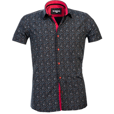 Short-Sleeve Button Up // Black + Red + Blue Floral (L)