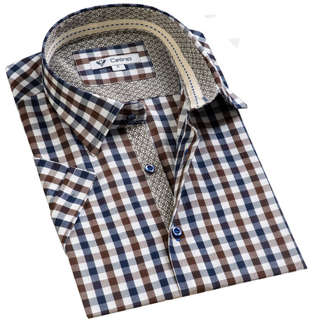 Celino // Short Sleeve Button Up // Brown + Blue Checkered (S)