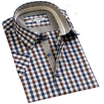 Celino // Short Sleeve Button Up // Brown + Blue Checkered (M)