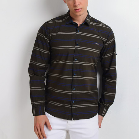 Horizontal Stripes Long-Sleeve Button Down Shirt // Black + Khaki (S)