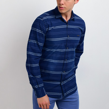 Horizontal Stripes Long-Sleeve Button Down Shirt // Blue (S)