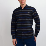 Horizontal Stripes Long-Sleeve Button Down Shirt // Black + Blue (S)