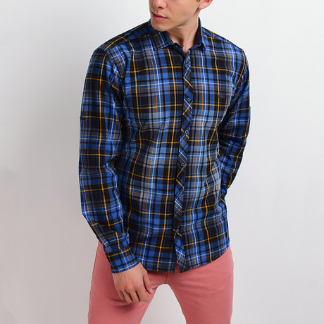 Plaid Long-Sleeve Button Down Shirt // Blue + Navy (S)