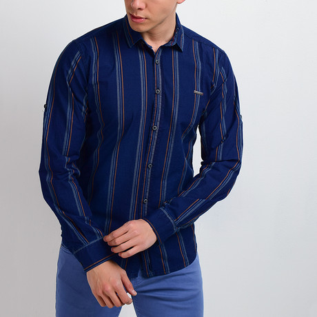 Striped Long-Sleeve Button Down Shirt // Navy (S)