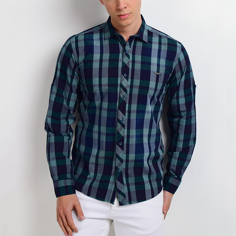 Plaid Long-Sleeve Button Down Shirt // Green + Navy (S)