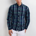 Plaid Long-Sleeve Button Down Shirt // Green + Navy (XL)