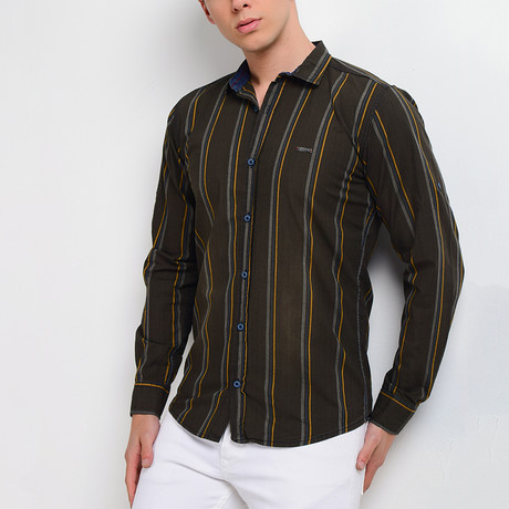 Striped Long-Sleeve Button Down Shirt // Black + Khaki (S)