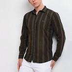 Striped Long-Sleeve Button Down Shirt // Black + Khaki (M)