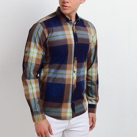 Plaid Long-Sleeve Button Down Shirt // Brown + Navy (S)