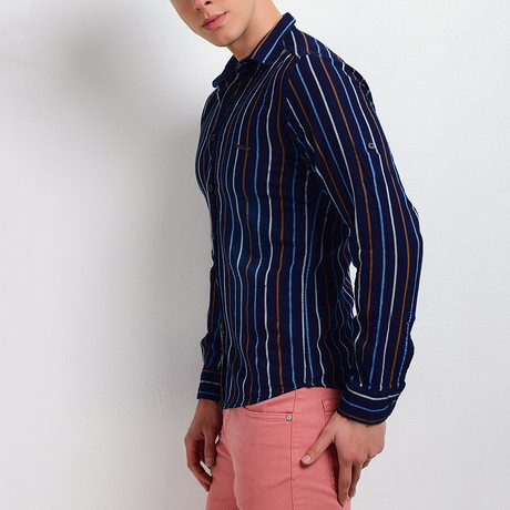 Striped Long-Sleeve Button Down Shirt // Navy + Blue (S)