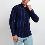 Striped Long-Sleeve Button Down Shirt // Dark Navy (S)