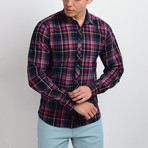 Plaid Long-Sleeve Button Down Shirt // Black + Pink (L)