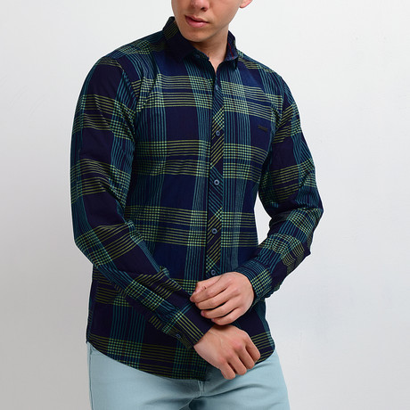 Plaid Long-Sleeve Button Down Shirt // Navy + Green (S)