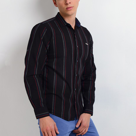 Striped Long-Sleeve Button Down Shirt // Black (S)