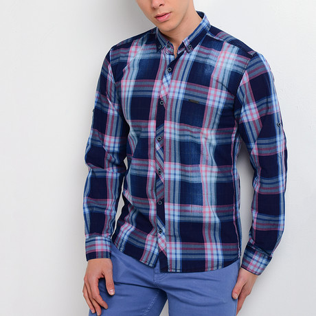 Plaid Long-Sleeve Button Down Shirt // Navy + Blue (S)