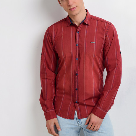 Striped Long-Sleeve Button Down Shirt // Red (S)