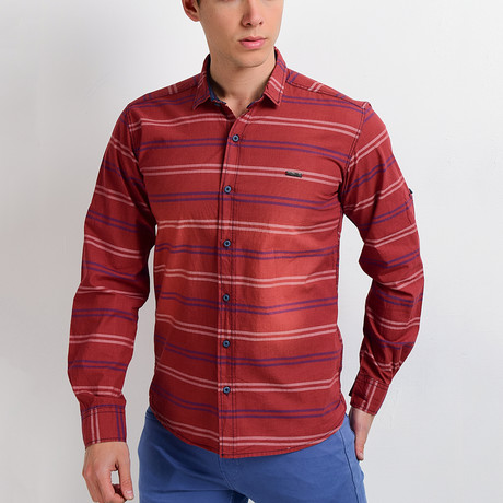 Horizontal Stripes Long-Sleeve Button Down Shirt // Red (S)