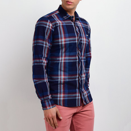 Plaid Long-Sleeve Button Down Shirt // Navy (S)