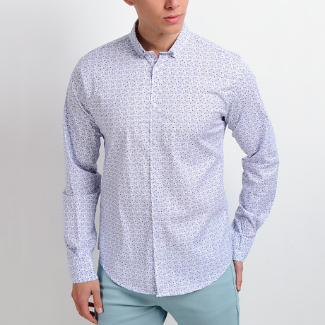 Floral Long-Sleeve Button Down Shirt // White + Blue (S)