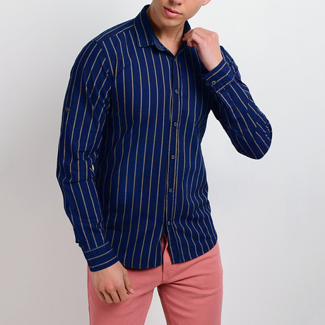 Pinstripe Long-Sleeve Button Down Shirt // Navy (S)