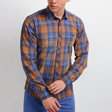 Plaid Long-Sleeve Button Down Shirt // Orange + Blue (S)