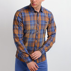 Plaid Long-Sleeve Button Down Shirt // Orange + Blue (S)