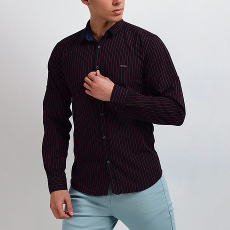 Pinstripe Long-Sleeve Button Down Shirt // Black + Burgundy (M)