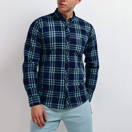 Plaid Long-Sleeve Button Down Shirt // Navy + Teal (S)