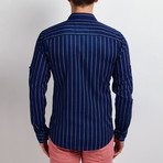 Pinstripe Long-Sleeve Button Down Shirt // Navy (S)