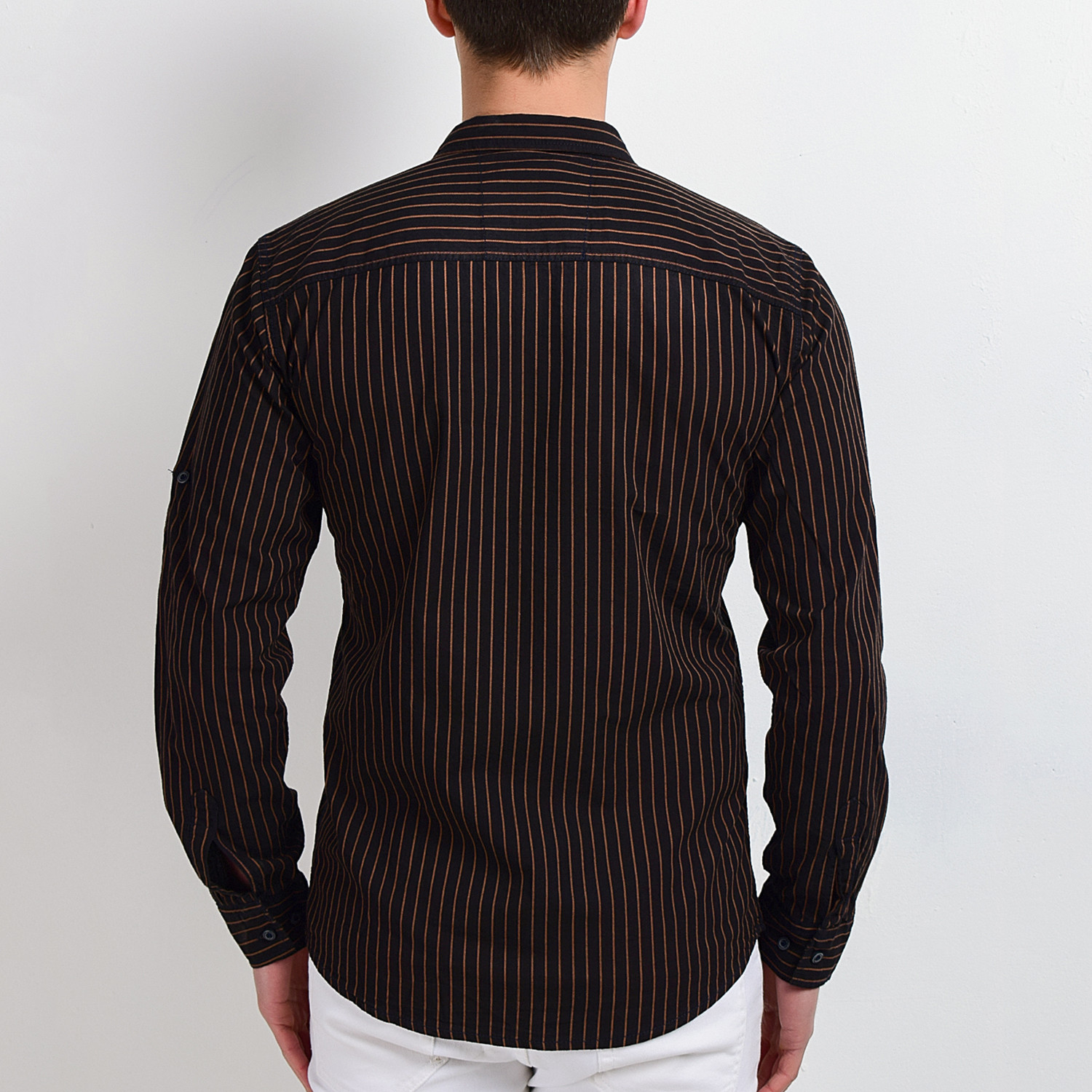 black pinstripe button down shirt