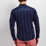 Striped Long-Sleeve Button Down Shirt // Navy + Blue (L)