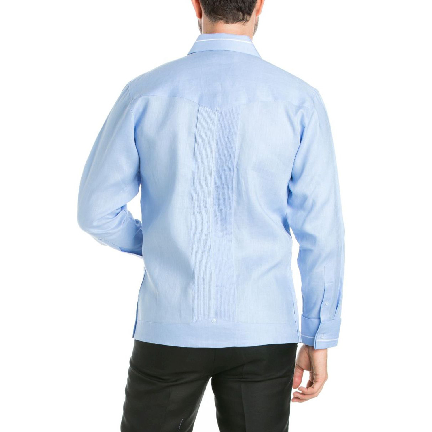 Piping Collar + Cuff Trim Guayabera Long Sleeve Shirt // Blue (S ...
