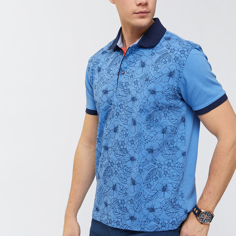 Monochrome Hawaiian Print Polo Shirt // Blue (XS)