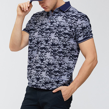 Mountain Print Polo Shirt // Navy Blue (XS)