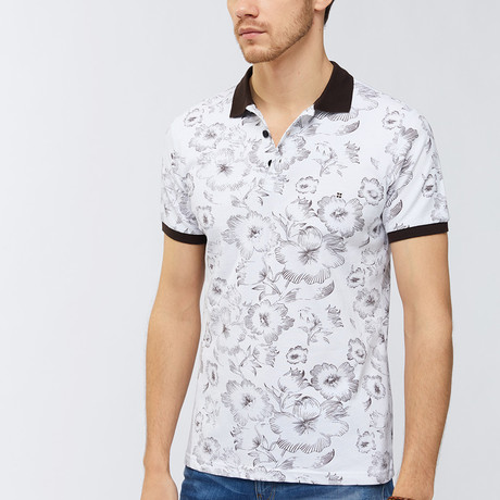 Floral Outline Polo Shirt // White (XS)