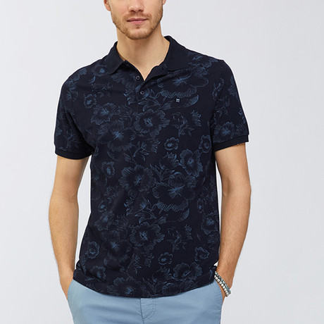 Floral Outline Polo Shirt // Navy Blue (XS)