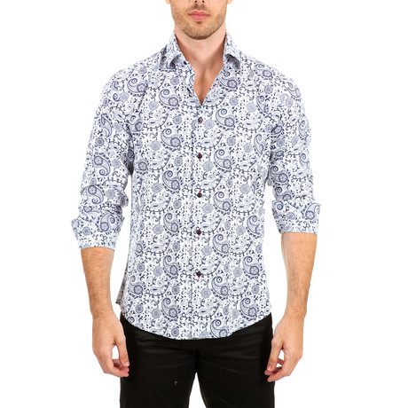 Conway Long-Sleeve Button-Up Shirt // White + Blue (XS)