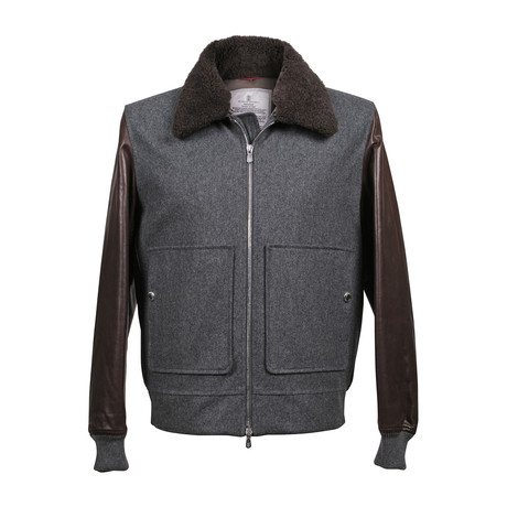 Dwalin Shearling Fur Collar Leather + Wool Jacket // Brown + Gray (S)