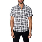 Distressed Short-Sleeve Button-Up Shirt // Black + White (XL)