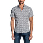 Print Short Sleeve Button-Up Shirt // White + Black (XL)