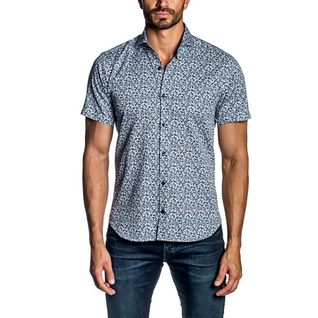 Woven Short Sleeve Button-Up Shirt // White + Navy Floral (S)