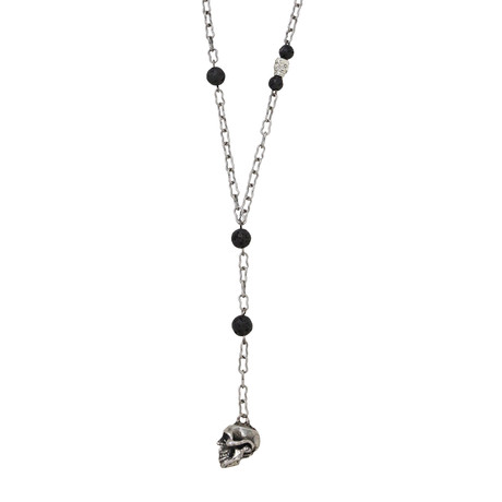 Skull Charm Lariat Necklace // Black Lava + Oxidized Silver