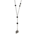 Skull Charm Lariat Necklace // Black Lava + Oxidized Silver