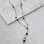 Skull Charm Lariat Necklace // Black Lava + Oxidized Silver